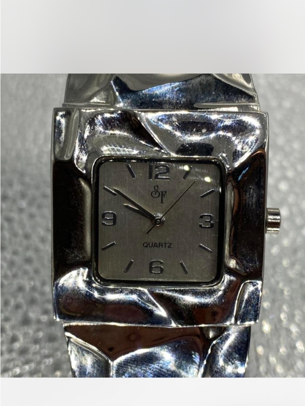 ^*^ Silver Tone ***  SF Quartz Square Face ^^^ Cuff Bracelet Watch *^*